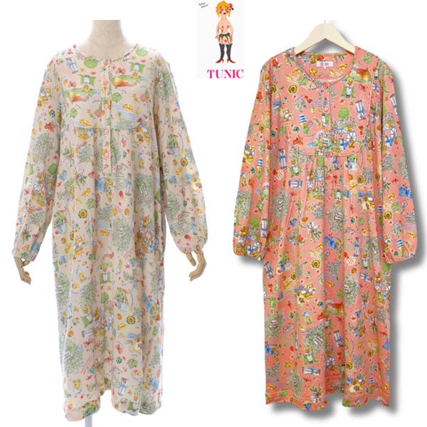ネグリジェ　長袖　TUNIC チュニック ８０接結ニット素材　ハーブガーデンプリント　　M〜Lサイズ...