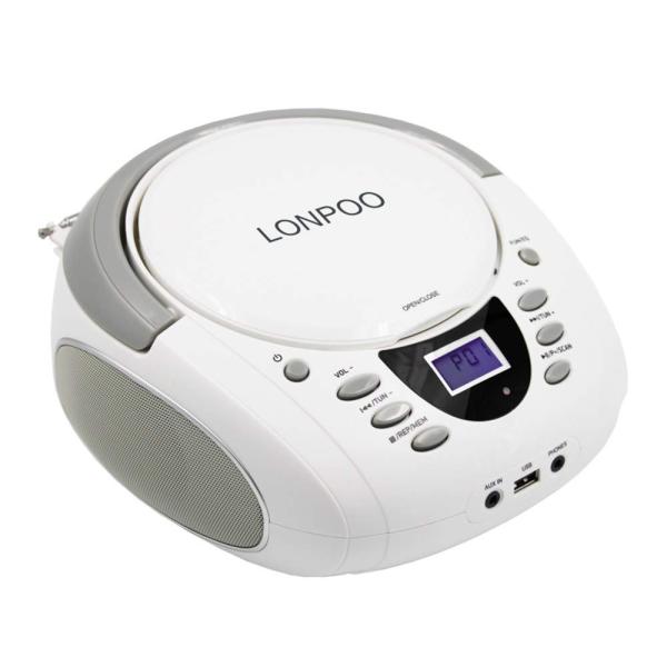 ホワイト LONPOO cd プレーヤーbluetooth対応 FMラジオ MP3再生 ブルートゥー...