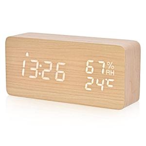 デジタル目覚まし時計 木製置き時計 LED時間表示3目覚まし時計設定 USB給電 き湿度と温度検出電子時計 寝室