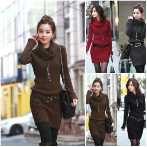 あごちょいかくし　ベルト付ネックレス付き　ニットワンピース　タートルネック　オフタートル　リブニット　セーターワンピ　