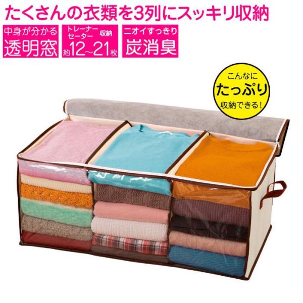 炭消臭 大収納衣装袋 不織布 消臭 炭シート入り トレーナー セーター 収納 衣類収納袋 透明窓 仕...