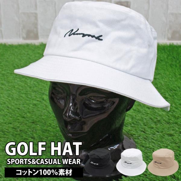 ハット ゴルフウェア 帽子 メンズ ゴルフ バケットハット 筆記体ロゴ刺繍 キャップ コットン ホワ...