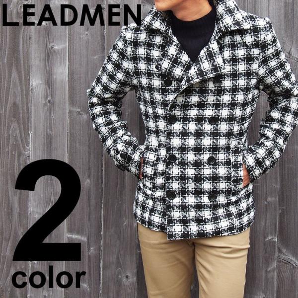 ピーコート メンズ Pコート タータンチェック 千鳥格子 チドリ柄 ショート丈