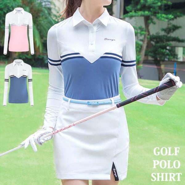 ゴルフウェア レディース ゴルフ ポロシャツ ストレッチ 伸縮 長袖 トップス 無地 切替 スポーツ...