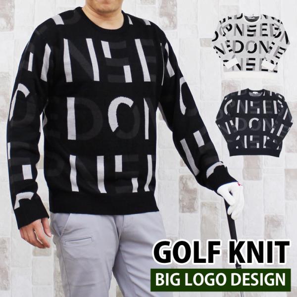 ゴルフウェア メンズ ゴルフニット セーター トップス 総柄 ロゴ 文字 英語 アルファベット クル...
