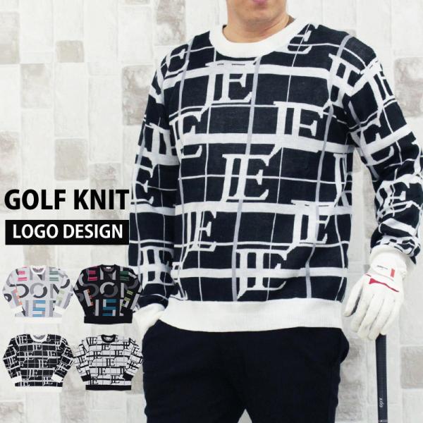 ゴルフウェア メンズ ゴルフニット セーター トップス 総柄 ビッグロゴ 文字 英語 チェック柄 ア...