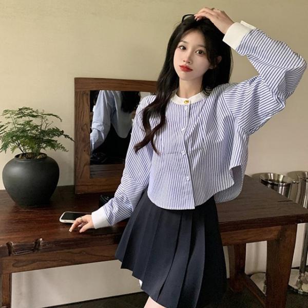 ストライプ シャツ レディース シャツブラウス レディース ノーカラー シャツ レディース 春 夏 ...