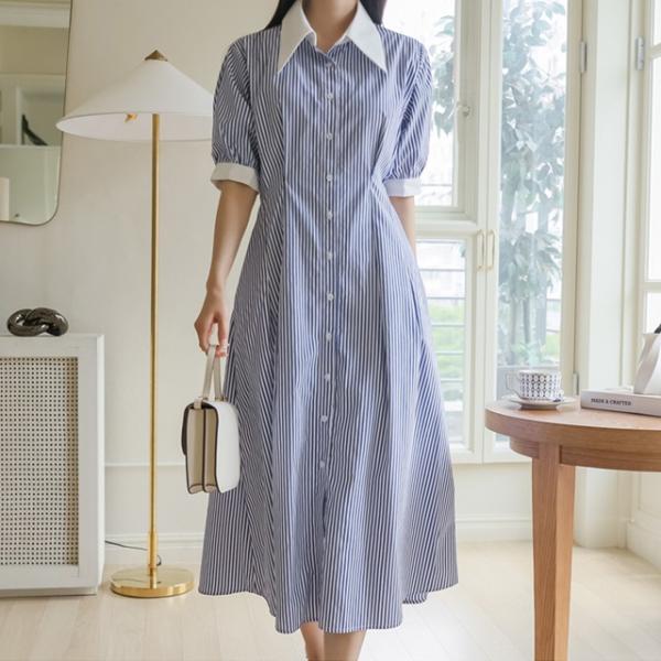 シャツワンピース ストライプ シャツワンピース 半袖 五分袖 カジュアル ワンピース 春 きれいめ ...