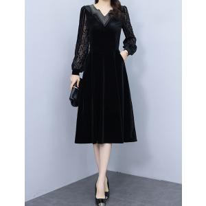 ゐです❣️ シースルー ベルベット　パーティードレス　ティアード L パーティードレス 韓国 黒 袖あり 五分袖 シースルー セクシー