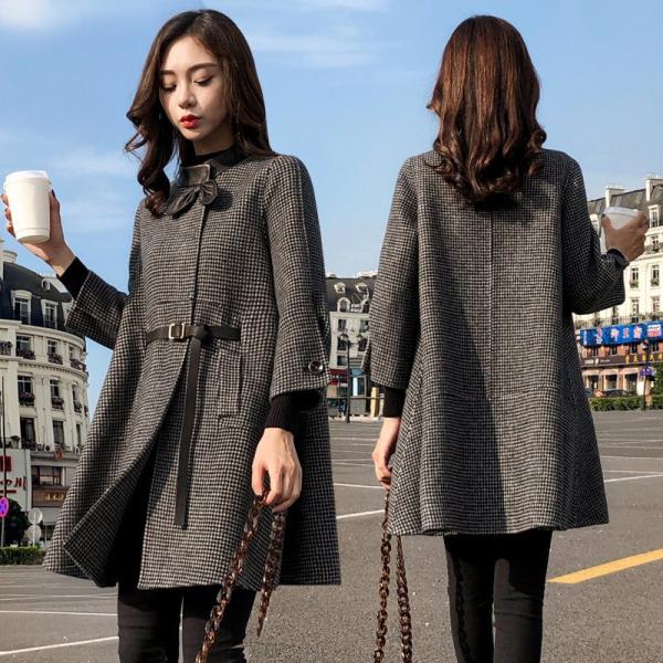 ポンチョ コート チェック柄 レディース アウター リボン ウエストマーク ゆったり 通勤服 オフィ...