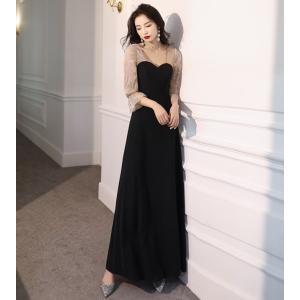 【未使用】アダムエロペ　シースルー バルーンスリーブ ロングドレス 黒 パーティードレス 韓国 黒 ロングドレス 袖あり シースルー バルーン