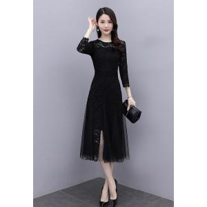 パーティードレス 結婚式 お呼ばれドレス 膝丈 袖あり 赤 黒 青