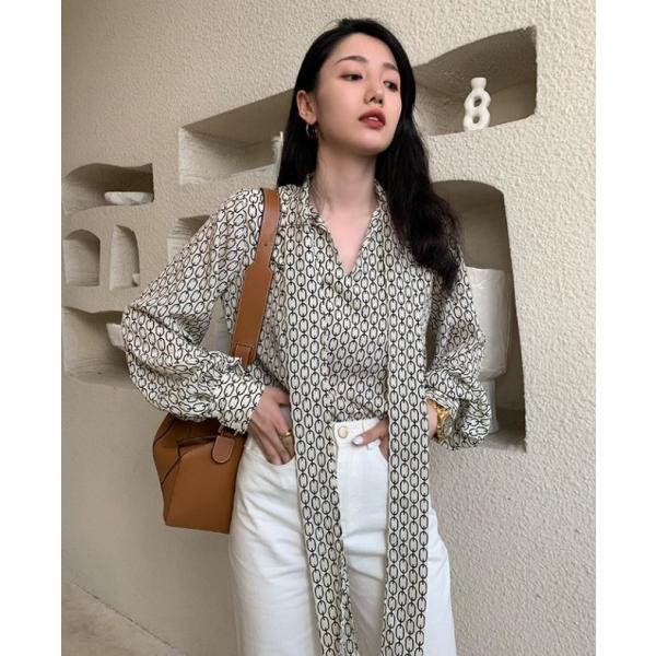ボウタイブラウス トップス シャツ ブラウス レディース 長袖 チェーン柄 総柄 春 秋 オフィス ...