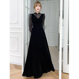 一部即納 パーティードレス 結婚式 お呼ばれドレス 袖あり ロング 長袖 シースルー袖 ロングドレス 黒 大きいサイズ 3L 小さいサイズ 韓国 おしゃれ