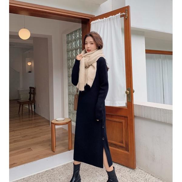 ニットワンピース ロング 長袖 リブニット ハイネック ワンピース レディース 大きいサイズ 3L ...