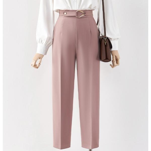 テーパードパンツ レディース ボトムス ハイウエスト パンツ センタープレスパンツ ウエストマーク ...