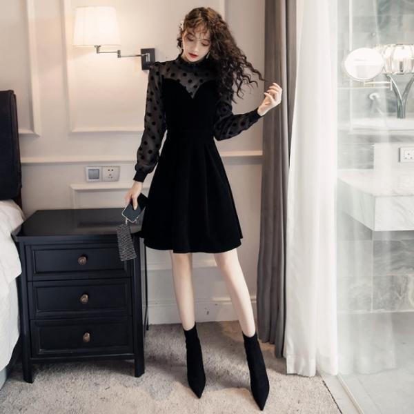 パーティードレス 長袖 ミニドレス ドレス 黒 結婚式 お呼ばれ ドレス ベロア フォーマル ワンピ...
