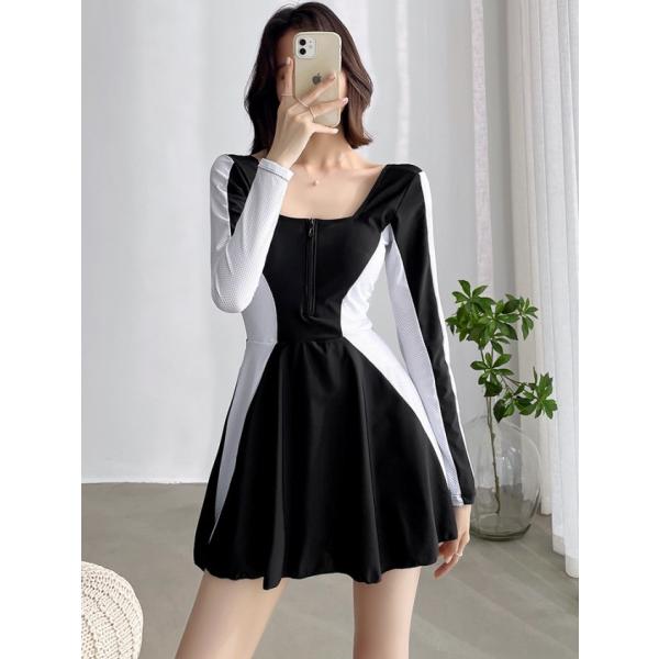 ワンピース水着 水着レディース 体型カバー ラッシュガード 長袖 Aライン スカート 水着ワンピース...