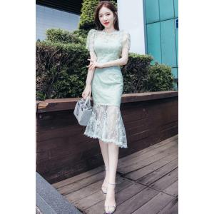 パーティードレス 結婚式 お呼ばれドレス マーメイドワンピース マーメイドドレス 総レース ワンピース ミニ丈 膝丈 シアー袖 大きいサイズ 韓国 袖あり
