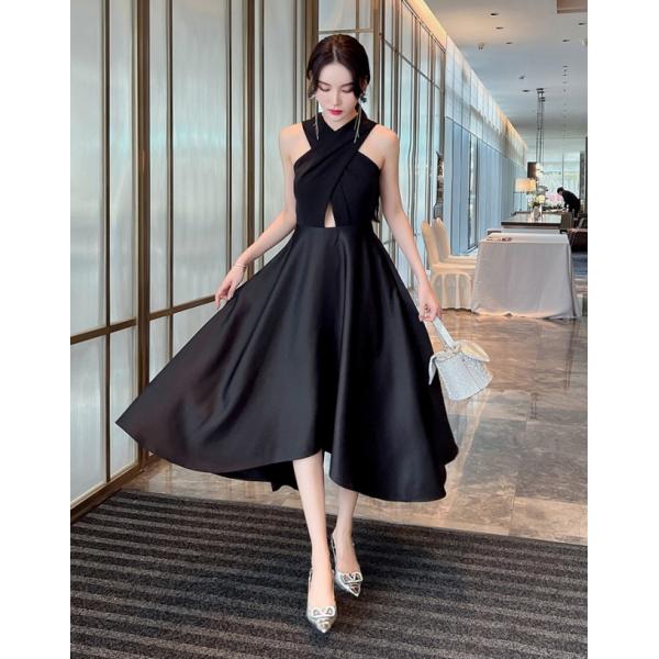 パーティードレス 結婚式 お呼ばれドレス ホルターネック ドレス フィッシュテール 袖なし ノースリ...