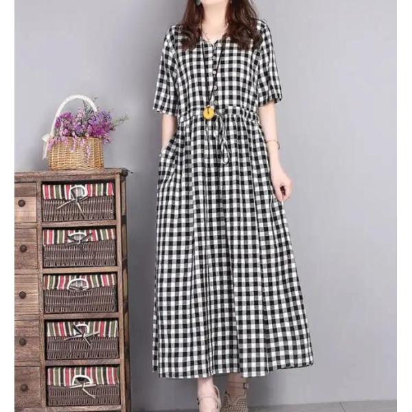 ワンピース レディース ギンガムチェック シャツワンピース ロング丈 半袖 ウエストマーク Vネック...