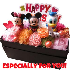 プリザーブドフラワー 記念日 結婚記念日 プレゼント ディズニー マスコット 3個入り 横長ボックス プリザーブドフラワー入り 花 種類はおまかせ