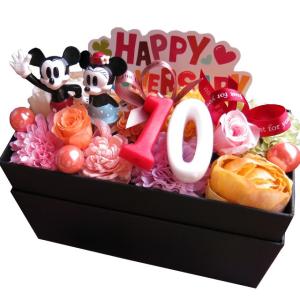 プリザーブドフラワー入り 横長ボックス 10周年 数字10入り ミッキー ミニー ご希望数字入り ギフト 箱を開けてサプライズ 枯れない 誕生日