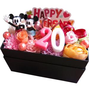 プリザーブドフラワー入り 誕生日プレゼント 彼女 20代 数字20入り ミッキー ミニー ご希望数字入り 箱を開けてサプライズ 枯れない 横長ボックス