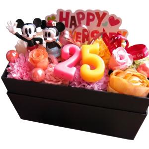 プリザーブドフラワー入り 横長ボックス 誕生日 銀婚式お祝い 両親 友達 兄弟 25周年 数字25入り ミッキー ミニー ご希望数字入り 花束風ギフト