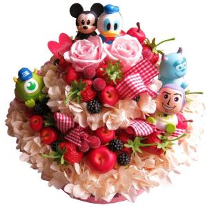 プリザーブドフラワー 誕生日プレゼント ミッキー ミニー フラワーケーキ フルーツいっぱいケーキ 7号サイズ ディズニーキャラクターおまかせ5個入り