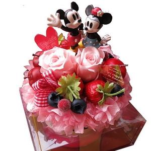 結婚祝い　ディズニー　フラワーギフト　ミッキー＆ミニー　フルーツいっぱいのケーキのプリザーブドフラワー ケース付き