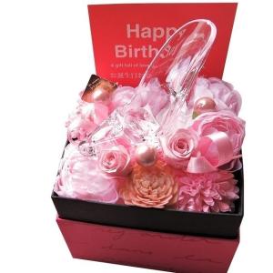 誕生日プレゼント ガラスの靴 彼女 恋人 シンデレラ サプライズ 花束風 クリアーケース付き プリザーブドフラワー入りギフト ピンク仕上げ 人気