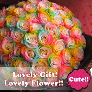 プリザーブドフラワー お誕生日 彼女 奥様 レインボーローズ 花束 枯れない 大輪レインボーローズ 50本 あすつく
