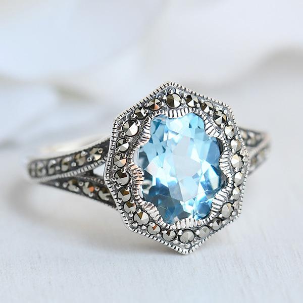 碌山 ブルートパーズ&amp;マルカジットリング　きらきら透明感が涼しげなクラシックリング RP