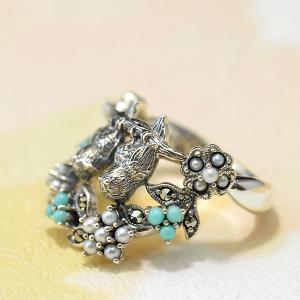 碌山 ターコイズ シードパール リング 小鳥が...の詳細画像5