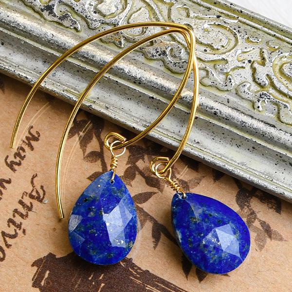 ハンドカット ラピスラズリ K14GF ピアス イヤリング　大粒ストーンが揺れてキラキラ！ ペアシェ...