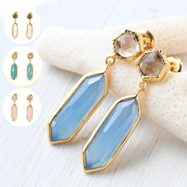 選べる 天然石 ピアス　きらめくローズカット ヘキサゴン カラーストーン クリスタル ブルーカルセド...