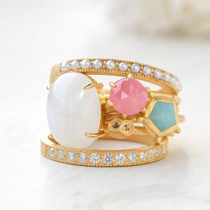 碌山　 ピンクオパールとシードパール#13 碌山 シードパール マルカジット フラワー リング 2本セット 重ね付け