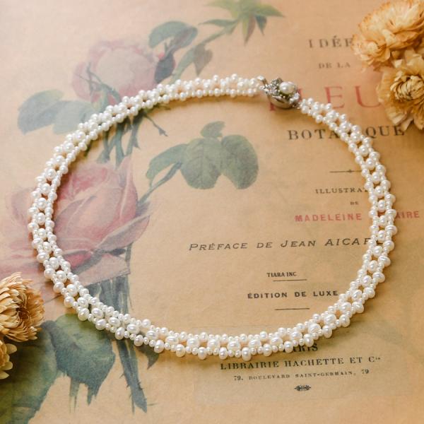 ホワイトパール リボン編み ネックレス 淡水真珠 ベビーパール 母の日