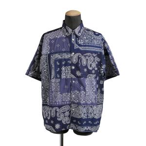 美品 MIYAGI HIDETAKA ミヤギヒデタカ / ヴィンテージ バンダナ / パッチワーク 半袖 シャツ/ ペイズリー柄 / size 1 (NAVY)｜leconstruction