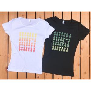 パイナップル ＆ ヤシの木 半袖Tシャツ フラ フラダンス レディース ハワイ ハワイアン ストレッチ素材 格安 黒 白 パウスカート｜leimaikai-hawaii