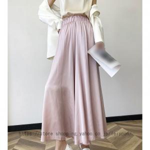 ガウチョパンツ サテン レディース ワイドパンツ 光沢 ハイウエスト カジュアルパンツ ロングパンツ リラックスパンツ スカーチョ 無地 ゆったり 大きいサイズ