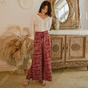 ハイウェスト ワイドパンツ レディース ゆったり 花柄 ウエストリボン ロングパンツ ワイド リゾート ファッション ガウチョパンツ スリット有り ビーチ 薄手