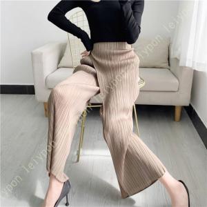 プリーツパンツ レディース フレアパンツ 薄手 ワイドパンツ 春夏秋 ハイウエストパンツ ウエストゴム仕様 リラックス ストレート パンツ ガウチョ パンツ
