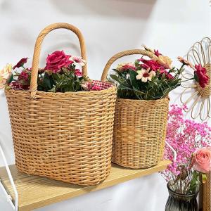 カゴバッグ 手編みかごバスケット 手提げバッグ お買い物籠 花かご ピクニックバスケット 野菜かご 収納バスケット 小物入れ オシャレ お花見 行楽 お弁当
