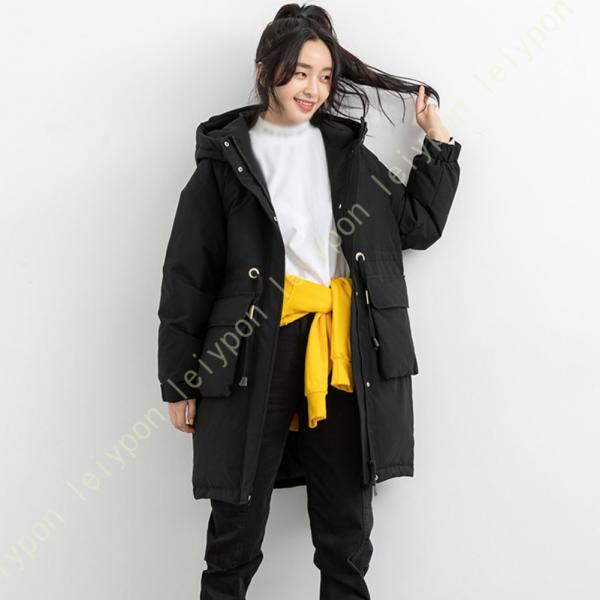 ダウンコート レディース フード ロング丈 無地 スナップ ロングトップス 大きいサイズ フード付き...