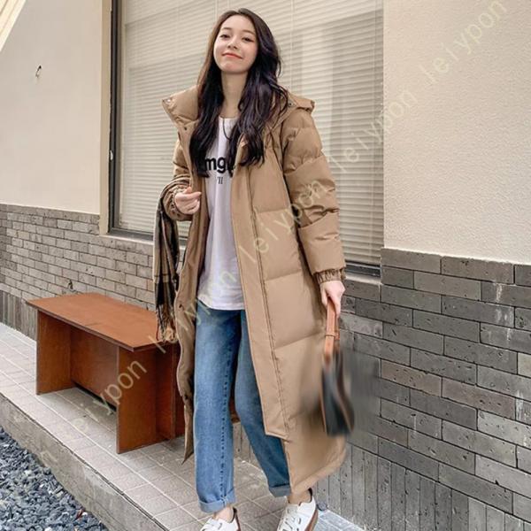 ダウンコート レディース フード ロング丈 無地 スナップ ロングトップス 大きいサイズ フード付き...