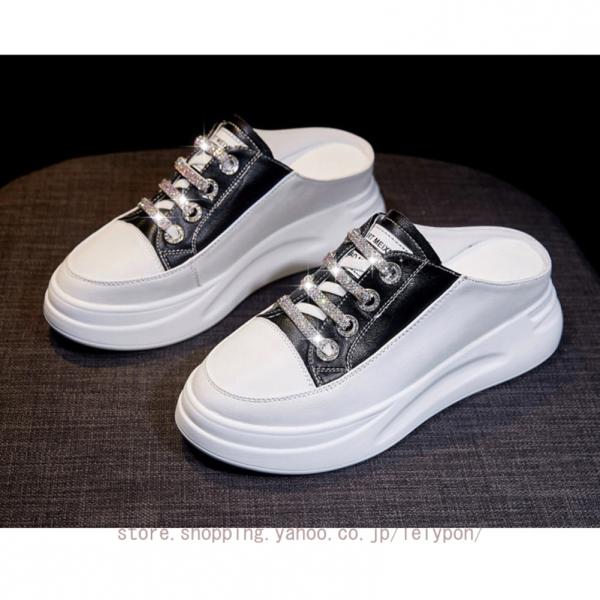 メッシュ スリッポン レディース 厚底 紐なし スニーカー かかとなし ミュール ハイヒール 6cm...