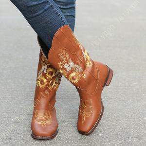 ウエスタンブーツ ウエスタン カントリーダンス カウボーイ 刺繍 ロングブーツ 女性用 本革調 茶色 カーキ ブラウン ラウンドトゥ ジョッキーブーツ ウエスタンブーツ ウエスタン カントリーダンス カウボーイ 刺繍