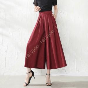 パンツ 夏 ガウチョウパンツ スカーチョ ワイドパンツ コットン スカンツ レディース ズボン 綿麻 ハイウエスト リボン 美脚 綿麻混 ポケット付き 無地 着痩せ